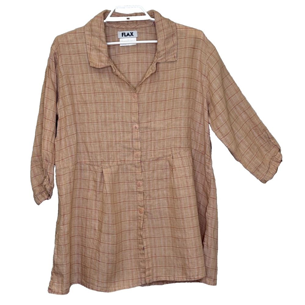 Flax Tunic Top Womens Sz Medium Peach Plaid 3/4 Sleeve‎ Button Front 100% Linen